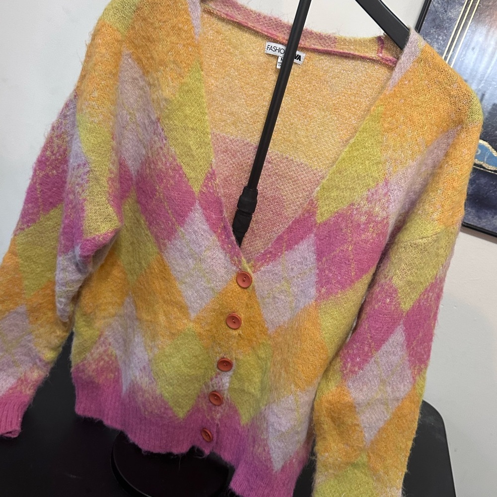 Fashion Nova Pink and Yellow Argyle Cardigan